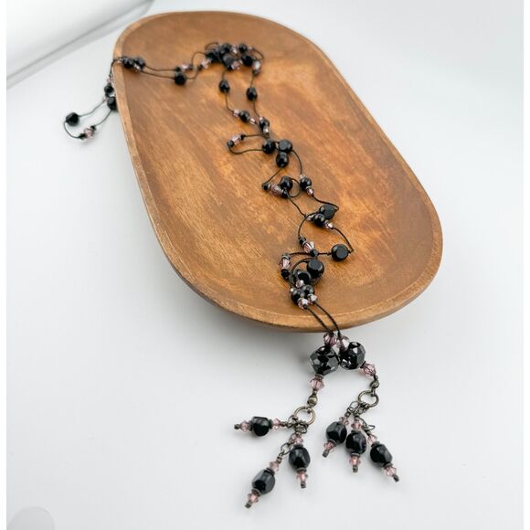 Vintage Lariat Necklace Black Pink Beads Glam Sparkle Boho Goth Luxury Versatile - Picture 6 of 7